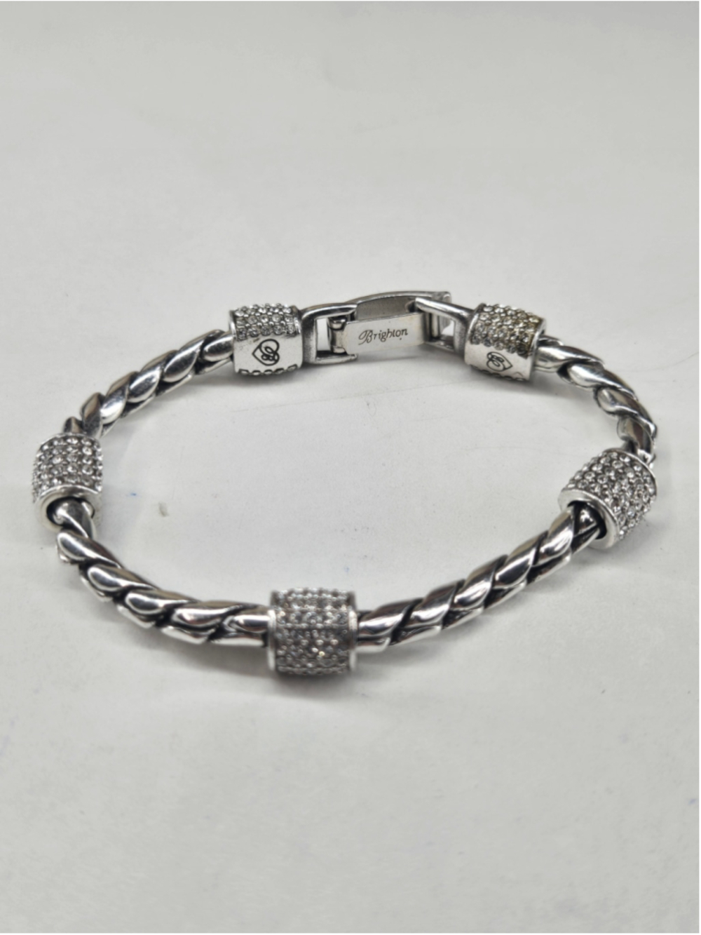 Brighton Meridian Bracelet Braided Silver Tone Clear Crystal Stations Sparkly